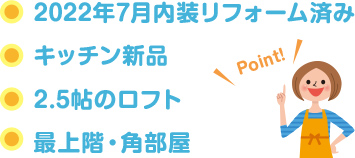 2022年7月内装リフォーム済み キッチン新品 2.5帖のロフト 最上階・角部屋